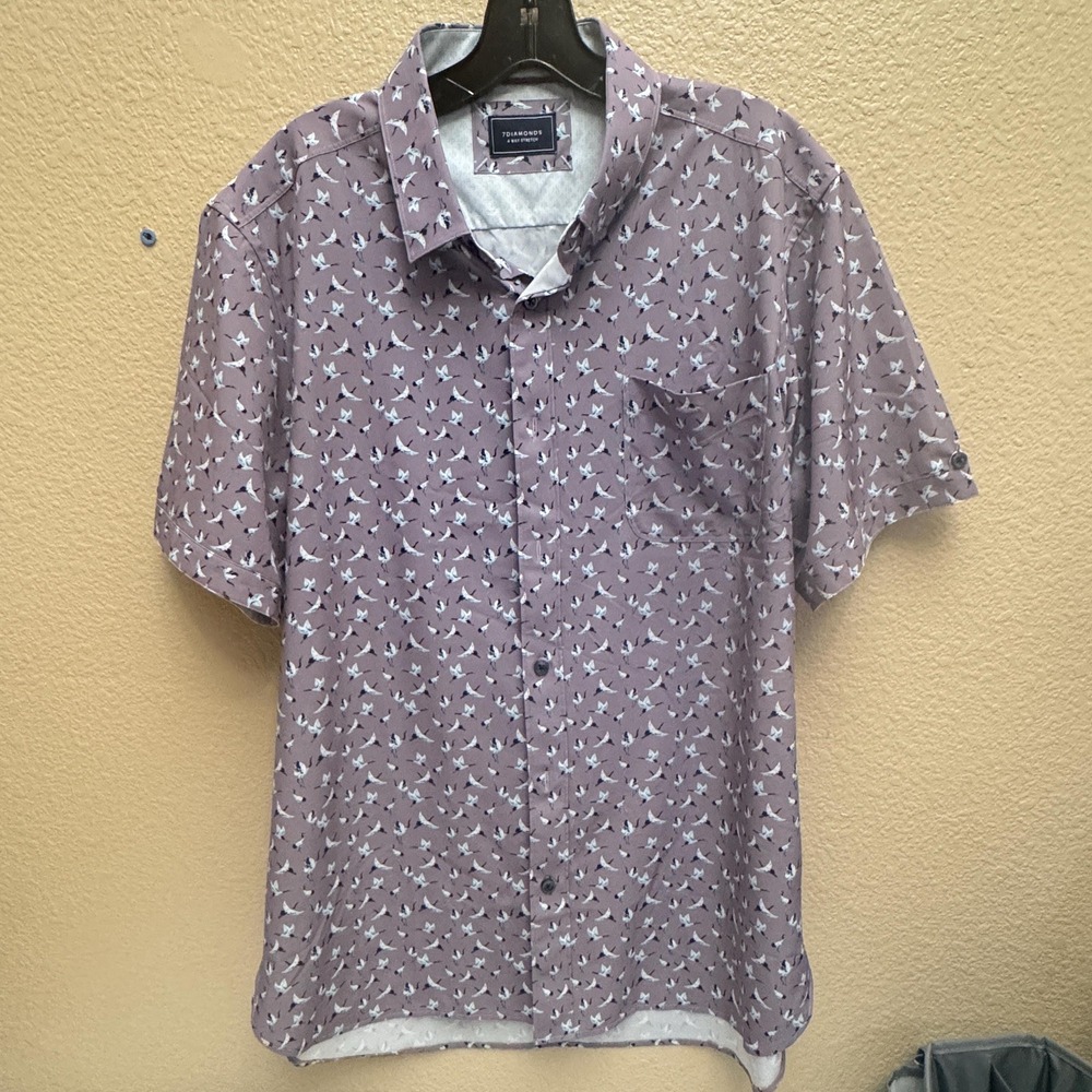 7Diamonds Shirt 4 Way Stretch Lavender Bird Print Short Sleeve Preppy Dressy Lg